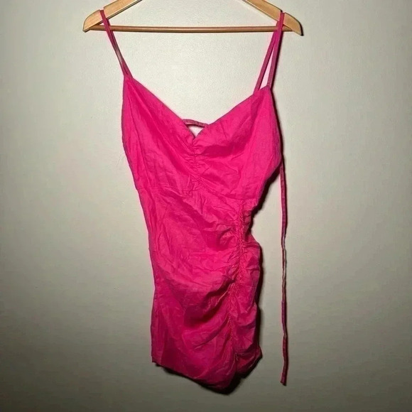 NWOT ZARA DRAPED BEADED LINEN BLEND DRESS BLOGGERS FAV Barbie Pink  m - Picture 6 of 9